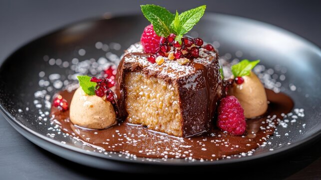 Gourmet chocolate dessert, raspberries, mint, restaurant. Food photography for menus