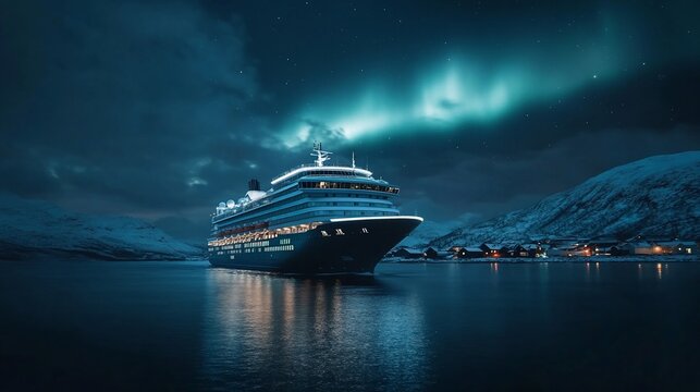 A cruise ship sails under the aurora borealis at night in snowy mountainous landscape - Powered by Adobe