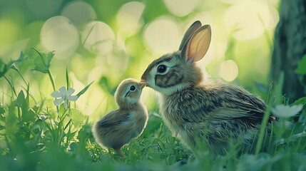   A pair of rabbits stand together on a green field with a tree behind them
