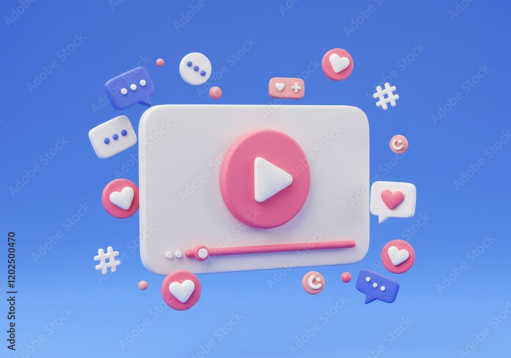 Poster a 3d illustration of a video player interface featuring a pink play button and a progress bar