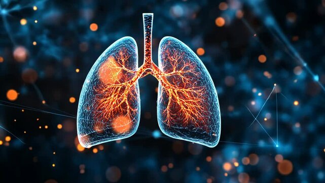 3D visualization of human lungs displaying intricate bronchi and alveoli structures in a vibrant blue and orange color scheme