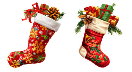 Set of Christmas stocking with gifts, isolated on a transparent background. PNG element.