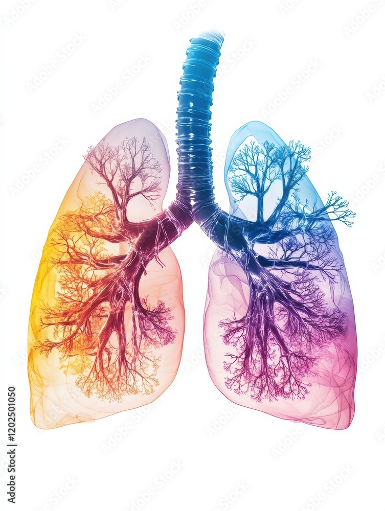Poster Visualization of human lungs displaying vibrant colors and intricate tree like structures in artistic representation. Generative AI