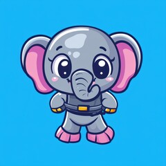 Fototapeta premium Cute gray cartoon elephant stands on a solid blue background, for children's content