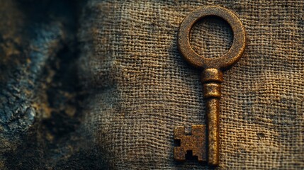Antique key on burlap, mystery background.  Concept image