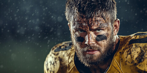 Close-up of a male American football player with a muddy face, intense expression, and eye black under his eyes, wearing a yellow jersey during a game in the rain.