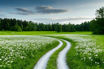 Obraz premium Scenic country path through lush green meadow with wildflowers and trees