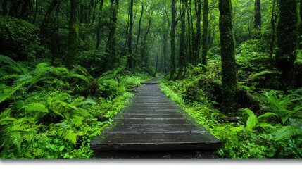 Obraz premium Rainy forest path, lush greenery, tranquil nature walk, peaceful background, ideal for travel brochures