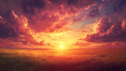 Vibrant Sunset Over Golden Grassland Field