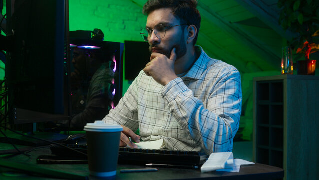 Arabian Indian man programmer error wrong stress male work freelancer guy cryptocurrency loss failure problem trouble difficult deadline nervous code accounts cyber security hacker online search bills