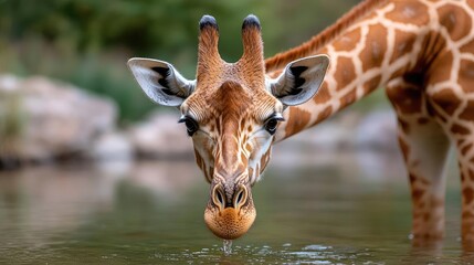Obraz premium Giraffe drinking water, wildlife park, nature background, zoo animal portrait, stock photo