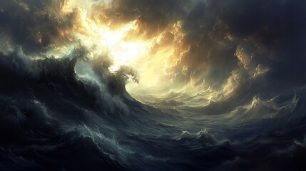 Obraz premium Dramatic ocean waves under a stormy sky with sunlight breaking through dark clouds 53 characters