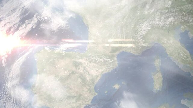 Earth zoom in from space and focus on Tarbes, France. Background for travel intro or blog. Satellite view. 3D style Animation. Images from NASA.