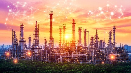 Fototapeta premium Sunset Industrial Refinery Complex Network