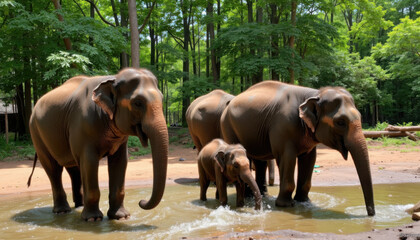 Fototapeta premium Peaceful Asian Elephant Family in Natural Forest Pool Setting 
