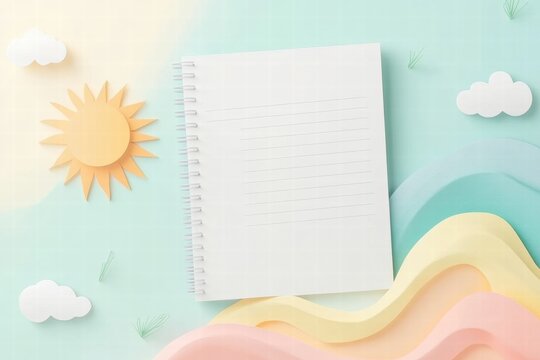 Nature inspired planner layout featuring sun, clouds, and mountains with a blank page for notes. Generative AI