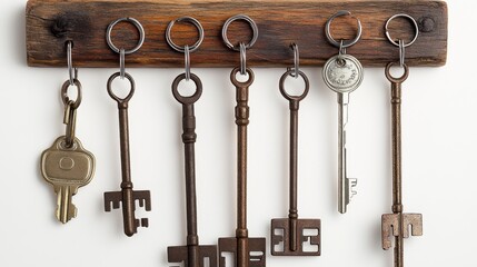 A collection of assorted vintage and modern keys hangs from a wooden holder, showcasing a blend of old-world charm and contemporary practicality in simple elegance.