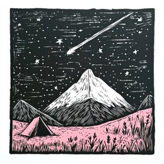 Linocut Camping Series: Bold Illustrations of Nature and Adventure in Black, White, and Vibrant Colors
