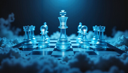 Glowing chess pieces in mystical void, strategic contemplation