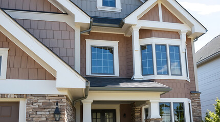 Fototapeta premium Luxury House Exterior: Modern Architecture, Brick and Stone Facade, Elegant Design