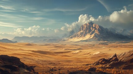 Fototapeta premium Golden Desert Landscape with Majestic Mountains and Cloudy Sky in Distant Hazy Light