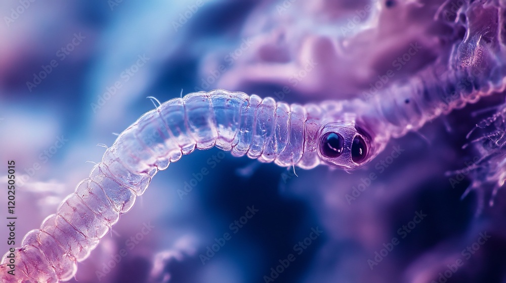 Poster close-up macro of a translucent larva with segmented body and large eyes against a blurred backgroun