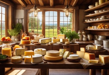 Fototapeta premium colorful array dairy products displayed rustic wooden table perfect culinary folklore session natural illumination, butter, cheese, cream, fresh, yogurt