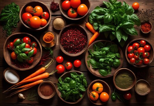 vibrant ingredient flat lay showcasing colorful textures diverse natural elements eye catching culinary aesthetics, avocado, bell, pepper, berry, beverage