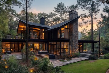 Fototapeta premium Cozy House Nestled Among Tall Trees in a Serene Garden at Sunset. Generative AI