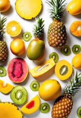vibrant display fruits floating bright colorful clean background capturing essence freshness nature, apple, orange, banana, grape, kiwi, watermelon, berry