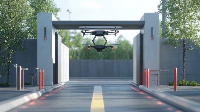 Gate with a levitating door panel system and integrated drone surveillance technology - Powered by Adobe