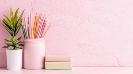 Pink desk, pencils, plant, notebooks, textured wall, workspace