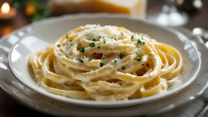 Creamy Fettuccine Alfredo with Parmesan and Fresh Parsley on White Plate