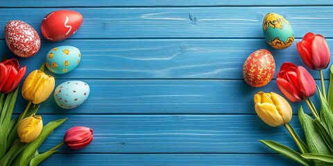 Obraz premium Easter Eggs and Tulips on Blue Wooden Plank