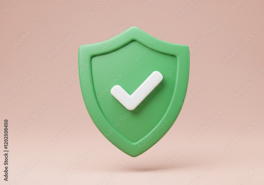 Poster a 3d illustration of a green shield with a soft gradient featuring a white checkmark in the center