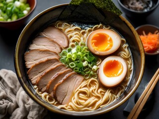Japanese Tonkotsu Ramen Bowl with Chashu Pork, Soft-Boiled Eggs and Green Onions in Creamy Broth