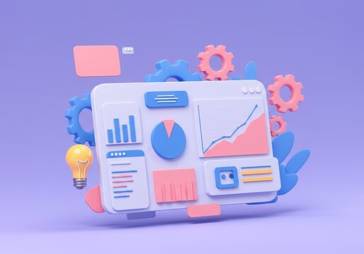A 3D illustration of a data dashboard interface featuring various elements such as charts graphs, and text boxes