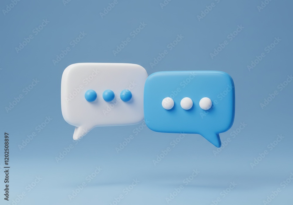 Poster a 3d illustration of two speech bubbles one white and one blue each with three dots indicating an on