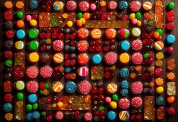 vibrant arrangement colorful candy flat lay art style displaying diverse patterns eye catching designs, candies, sweets, dessert, treats, festive, layout