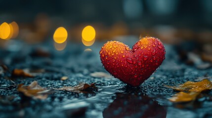 Fototapeta premium Rainy autumn park, heart, reflection, lights, romance
