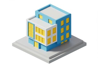 A 3D isometric illustration of a modern, boxy building in white and blue tones, with yellow window frames and a flat roof
