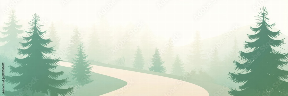Aufkleber winding trail through tall trees in a misty forest landscape. generative ai