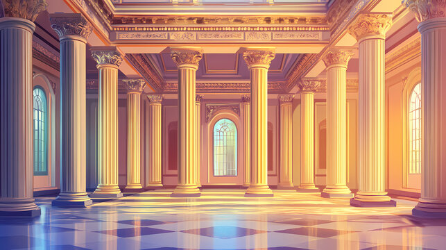 Palace interior with grand columns in a prestigious hall, palace, interior, columns, hall, luxury, architecture, design. Ornate Palace Interior. Illustration