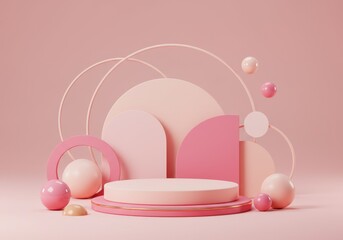 A 3D illustration of a round pink podium surrounded by abstract geometric shapes in varying pastel pink and peach tones