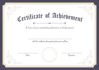 Retro certificate of achievement paper template with blue gold border