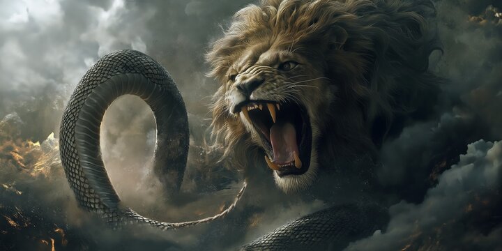 Satan, a Deceiver and Tempter, Depicted as a Serpent and a Roaring Lion, Cinematic, Photorealistic