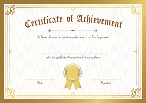 Retro certificate of achievement paper template with gradient gold border