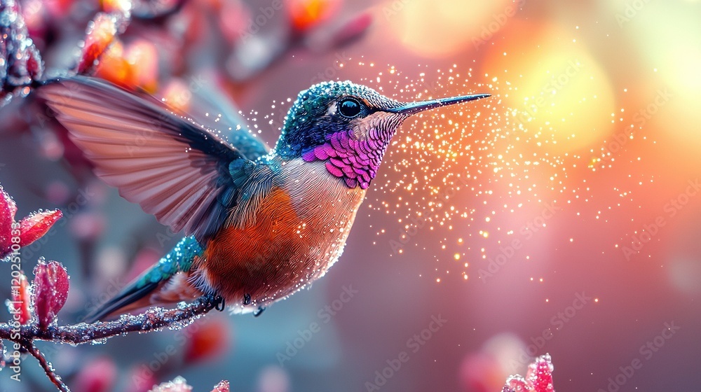 Poster   Hummingbird perched on tree branch, wings open, glistening in sunlight