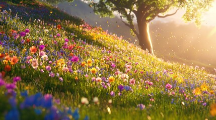 Fototapeta premium A picturesque field of wildflowers, dwarfed by the majestic tree on the nearby hill, is bathed in warm sunlight filtering through the leaves behind it
