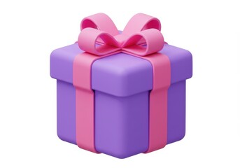 A 3D illustration of a wrapped purple gift box tied with a pink ribbon and a bow on top